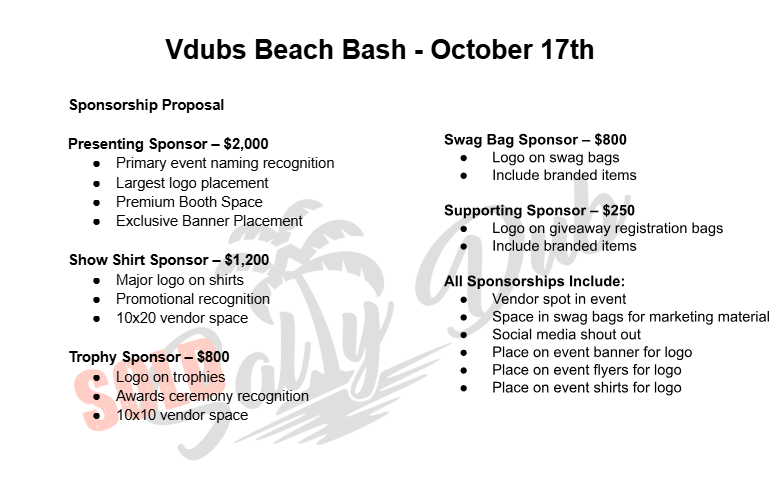 Sponsor the 2026 Vdubs Beach Bash