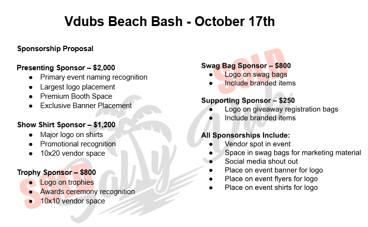 Sponsor the 2026 Vdubs Beach Bash